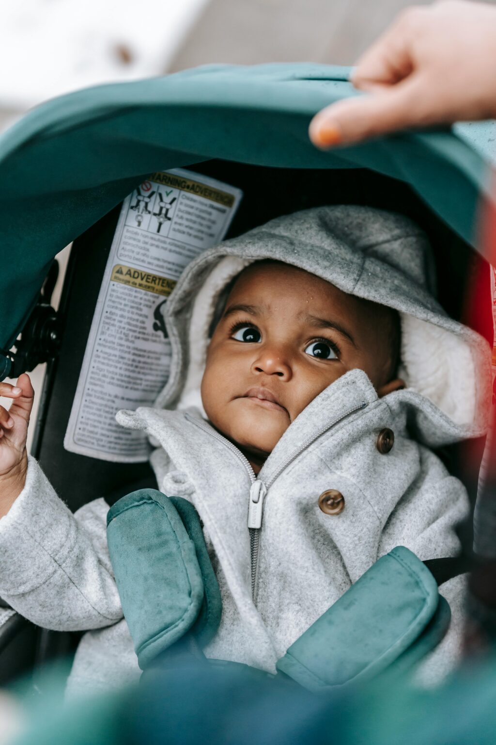 High angle of cute curious little baby in casual clothes sitting in stroller during stroll with mother